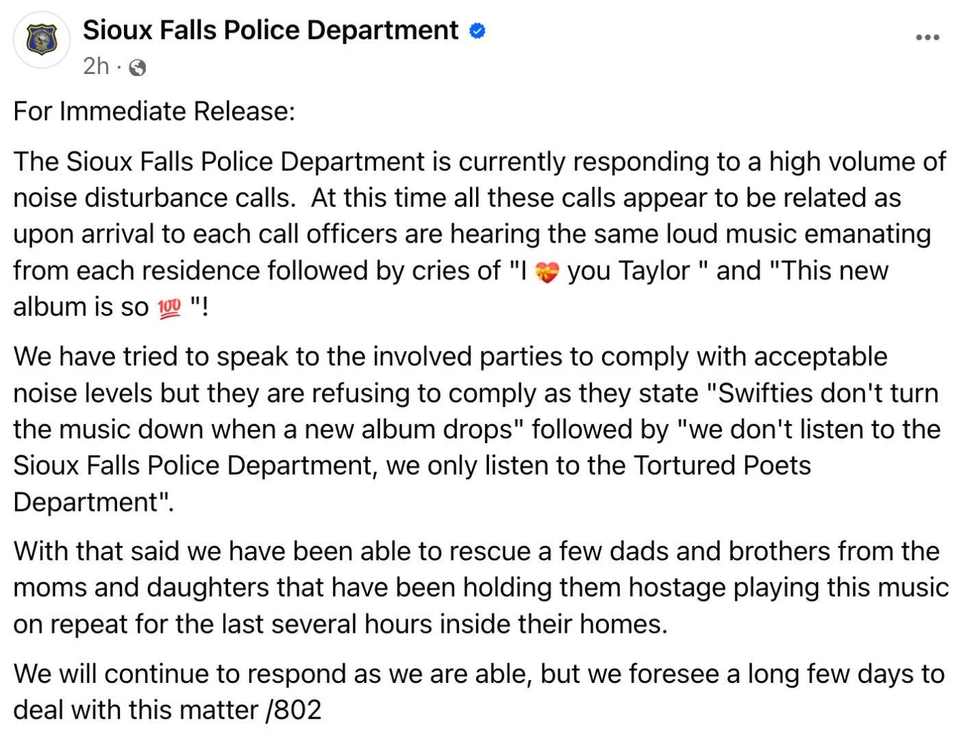 Sioux Falls South Dakota Police Department Facebook